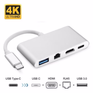 Cabo Adaptador Tipo C 4 em 1 – HDMI / USB 3.0 / Tipo-C / RJ45 - F3